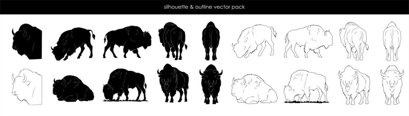 bison silhouette and outline vector icon pack collection © salmamuth