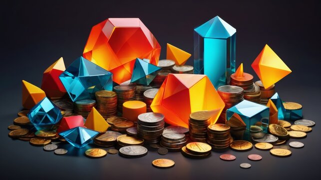 Stack of Coins and Colorful Origami Pieces