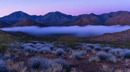 Obraz premium Misty mountains at dawn over desert scrub.
