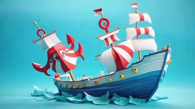 Red and White Boat With Octopus