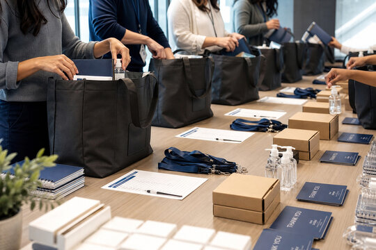 People assemble reusable welcome bags with notebooks, badges, sanitizer, and gift boxes at a corporate event preparation table.
