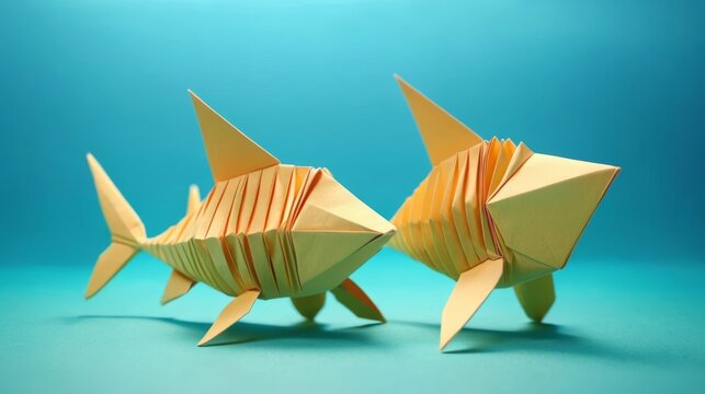 Two Origami Fish on a Blue Background
