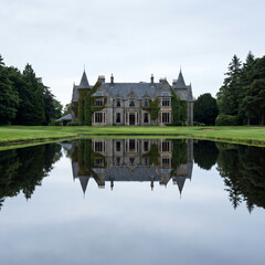Obraz premium Historic Scottish Golf Clubhouse Reflected in Still Water Hazard