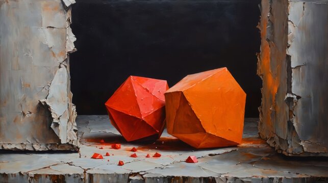 Painting of Two Red and One Orange Umbrellas