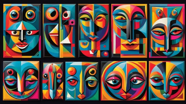 Array of Colorful Faces Against Black Background