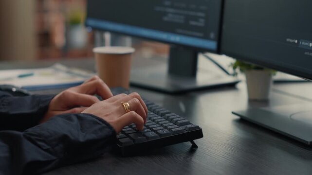 Developer hands type source code on a keyboard in front of computer screens, showing programming workflow, data entry and software production, while checking backend logic.
