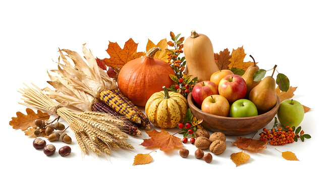 Autumn harvest collection isolated on white background, pumpkins, corn, apples, pears, wheat, nuts and fall leaves, traditional harvest concept, warm golden palette, realistic details, premium seasona