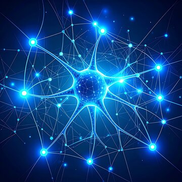 Abstract blue glowing neural network connections.