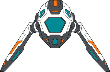 Futuristic white and orange tripod lander spaceship, sci-fi cartoon vector illustration isolated on white background, front view © wanjae