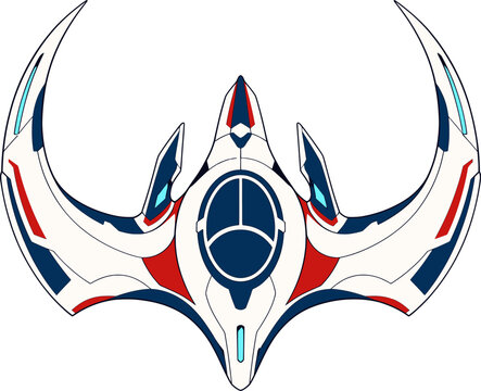 Futuristic white and red alien crescent ship spaceship, sci-fi cartoon vector illustration isolated on white background, top view