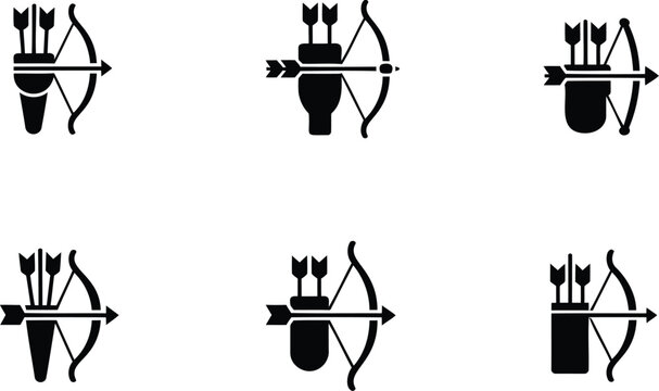 Black silhouettes of bows and arrows in various positions and styles  archery icons