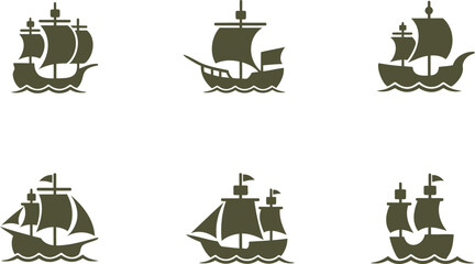 Set of six different old sailing ships with various designs on white background  maritime icons © Kahima