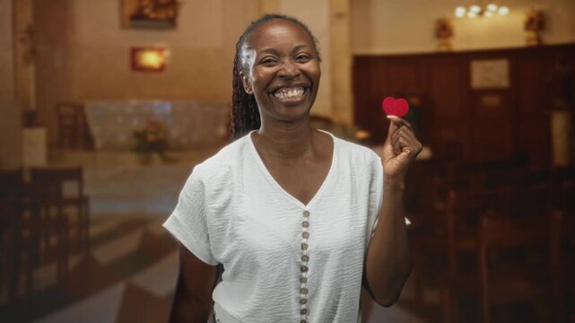 Woman holding a small red heart between thumb and forefinger and pointing finger to camera inside a building with pews and altar visible; joy kindness.