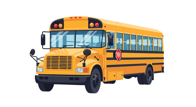 Classic yellow school bus vector illustration isolated on a white background, featuring front grille, stop signal arm, side mirrors, and windows for public student transportation.