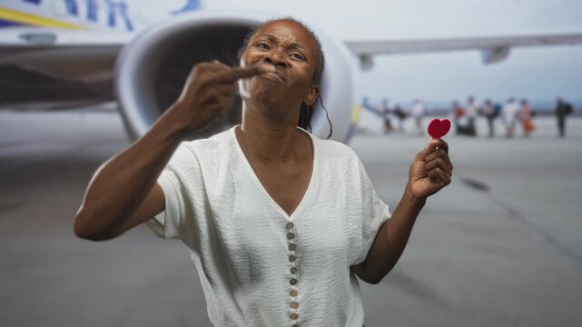 Woman holding a small red heart between fingers on airport tarmac near a jet engine, showing varied facial expressions and hand gestures; resilience.