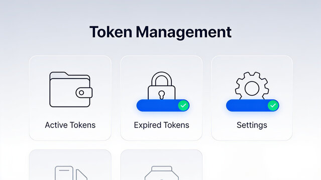 Modern token management dashboard interface with active, expired and settings options