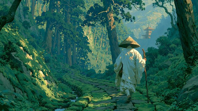 A monk dressed in white robes walking along a stone-paved path in the mountains, seen from behind.