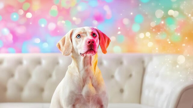 A Dreamy Dog Portrait: A beautiful, light-colored dog with striking blue eyes sits elegantly on a plush white sofa, illuminated by soft, colorful bokeh lights in the background.