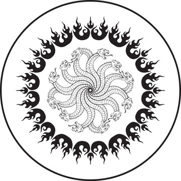 Circular featuring a multi-headed hydra snake creature surrounded by a ring of stylized tribal flames on a white background