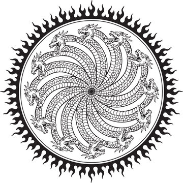 Circular featuring a multi-headed hydra snake creature surrounded by a ring of stylized tribal flames on a white background