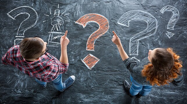 Two people pointing at chalk drawn question marks and lightbulb on a dark textured surface