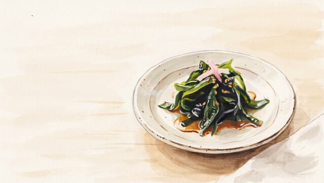 A national dish of Korean cuisine. 
Miyeok julgi bokkeum. a traditional Korean snack (panchang) made from fried seaweed stems (miyeok). Photo with space for text.