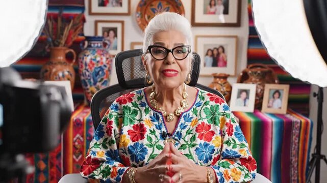 Elderly Latina woman vlogging in vibrant home studio