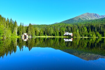 Shore of Prebersee lake with cottages and a coniferous forest above and a mirror reflection in the water in Lungau, Niedere Tauern, Austria © kato08