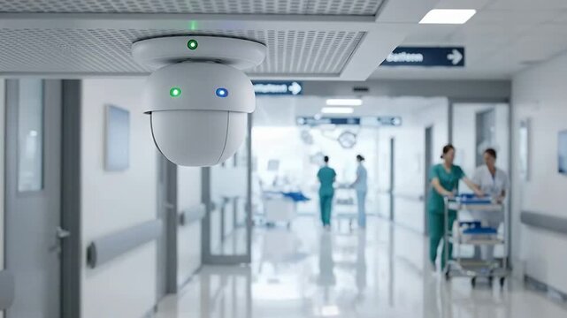 Security camera monitoring busy hospital corridor