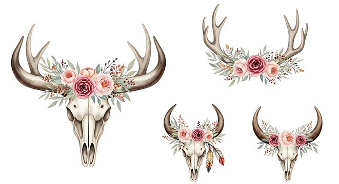 Antique silver deer head trophies with floral decorations.