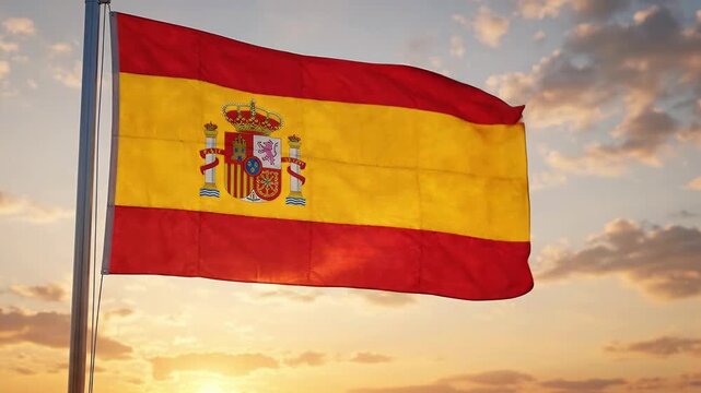 National flag of spain waving against a sunset sky
