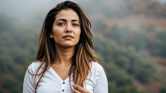 Mysterious Gaze: A young woman with striking features and windswept hair stands against a backdrop of misty mountains, her expression enigmatic and contemplative.