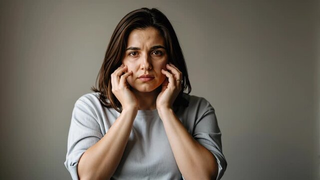Anxious Woman's Fear: A young woman grips her face with her hands, her expression conveying deep anxiety, distress, and worry, reflecting inner turmoil and emotional strain.