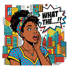 Woman Reacts with Surprise in Comic Book Style Cityscape