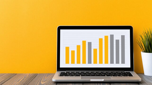 Laptop displaying upward trending bar graph with copy space on a yellow background, symbolizing business growth and data analysis.