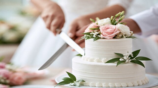 Close-up of a happy couple's hands cutting a beautifully decorated two-tier white wedding cake adorned with fresh roses and greenery