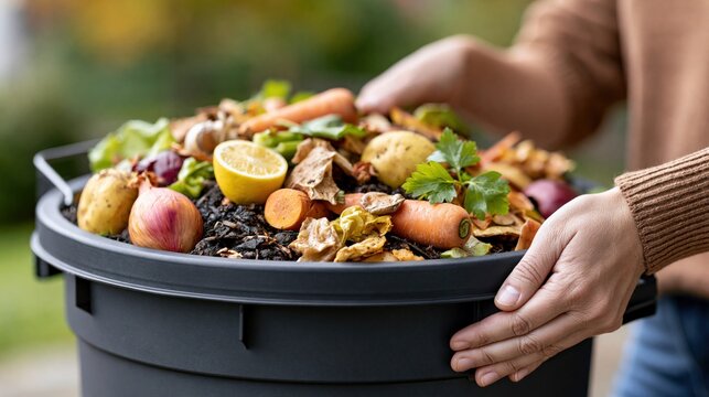 Hands Holding Full Compost Bin Overflowing with Fresh Vegetable Scraps and Food Waste for Sustainable Gardening