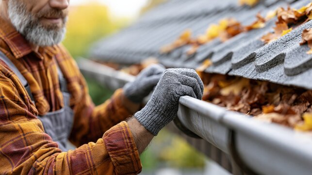 Man wearing gloves cleaning autumn leaves from clogged roof gutter during seasonal home maintenance