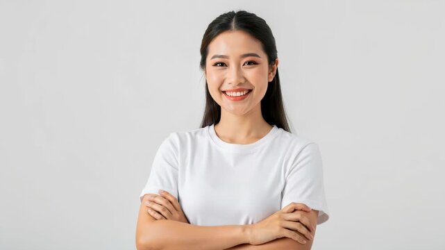 Portrait of a Smiling Woman: A young Asian woman with long, dark hair smiles confidently, her arms crossed, against a plain backdrop.