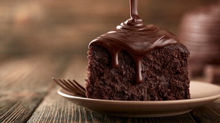 Obraz premium Decadent Slice of Rich Chocolate Cake with Glossy Fudge Icing Drizzled and Dripping