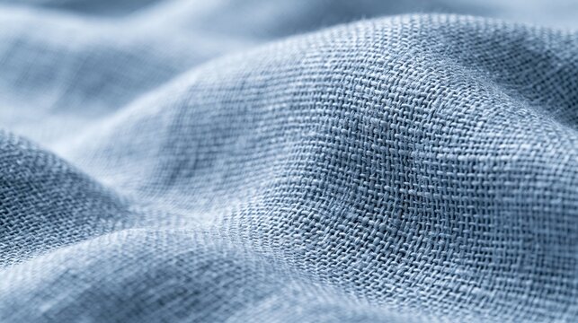 Close-up of a textured light blue linen fabric with soft folds and natural lighting, conveying comfort and elegance