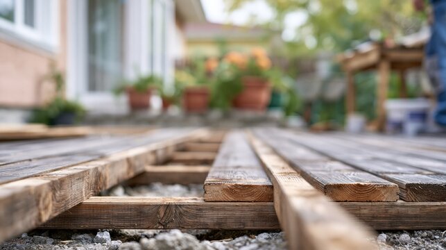 Construction of a wooden deck in a backyard, focusing on building materials and outdoor renovation