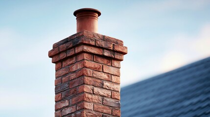 Obraz premium Close-up of a traditional brick chimney with clay pot, set against a clear blue sky and rooftop.