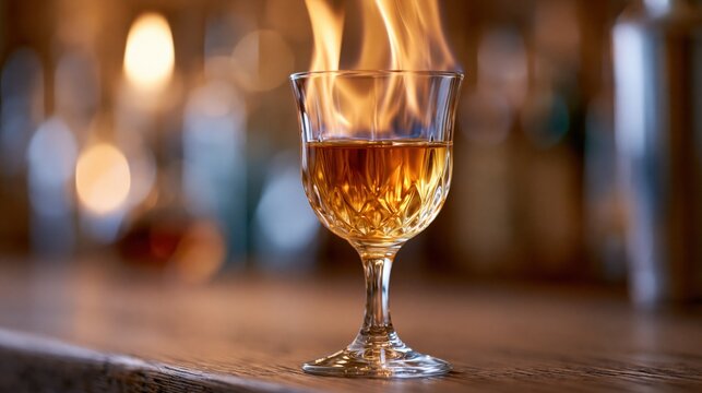 Flaming Brandy Cocktail Being Prepared on a Bar Counter with Soft Bokeh Background