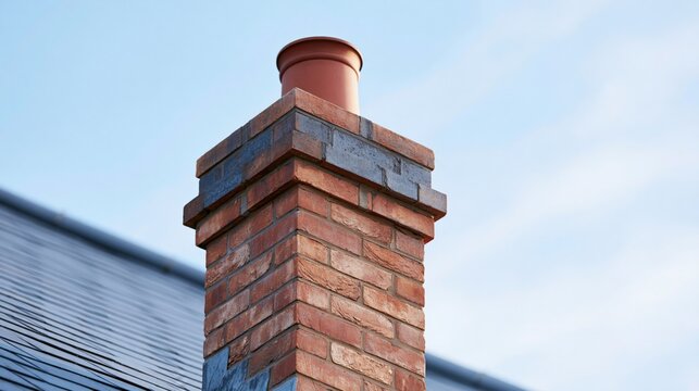 Close up of a traditional brick chimney with terracotta pot on a clear blue sky day