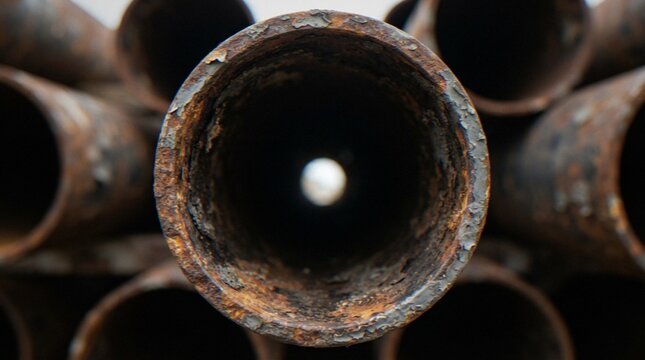 A close-up, front-facing view looking through a stack of circular, heavily rusted industrial metal pipes, creating a tunnel-like perspective.