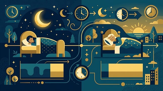 Circadian rhythm and sleep cycle infographic with night and day scenes