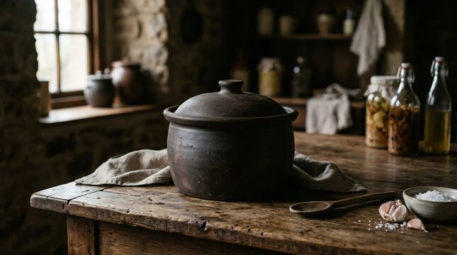 rustic earthenware pot on weathered wooden table in natural light kitchen