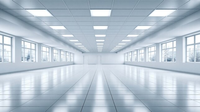 Modern Bright Office Interior with Large Windows and Fluorescent Lighting