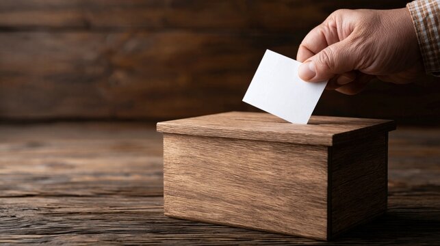 Hand placing blank vote card into vintage wooden ballot box during election or polling day